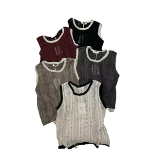 BD缤典正品无袖针织衫背心女夏薄料纯色圆领套头镂空透视减龄显瘦