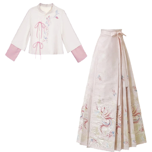 秋冬新款明制改良汉服粉色绝美刺绣上衣马面裙套装小个子日常女装