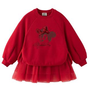 迪士尼IP戴维贝拉女童卫衣连衣裙2026冬装新款加绒儿童红裙子新年