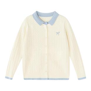 笛莎童装女童针织开衫春季新款儿童女孩中大童翻领撞色外套学院风