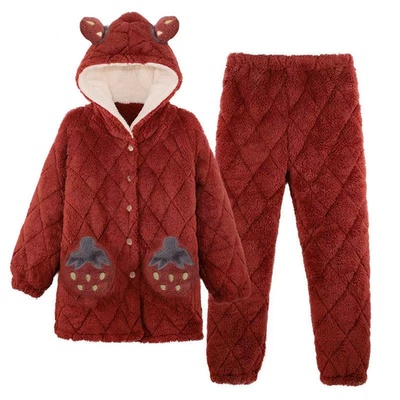 珊瑚绒睡衣女秋冬季加厚加绒三层保暖夹棉袄法兰绒大码家居服套装