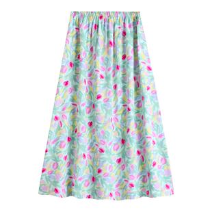 度假风郁金香碎花时尚半身裙夏中长款A字版松紧高腰显瘦棉绸睡裙