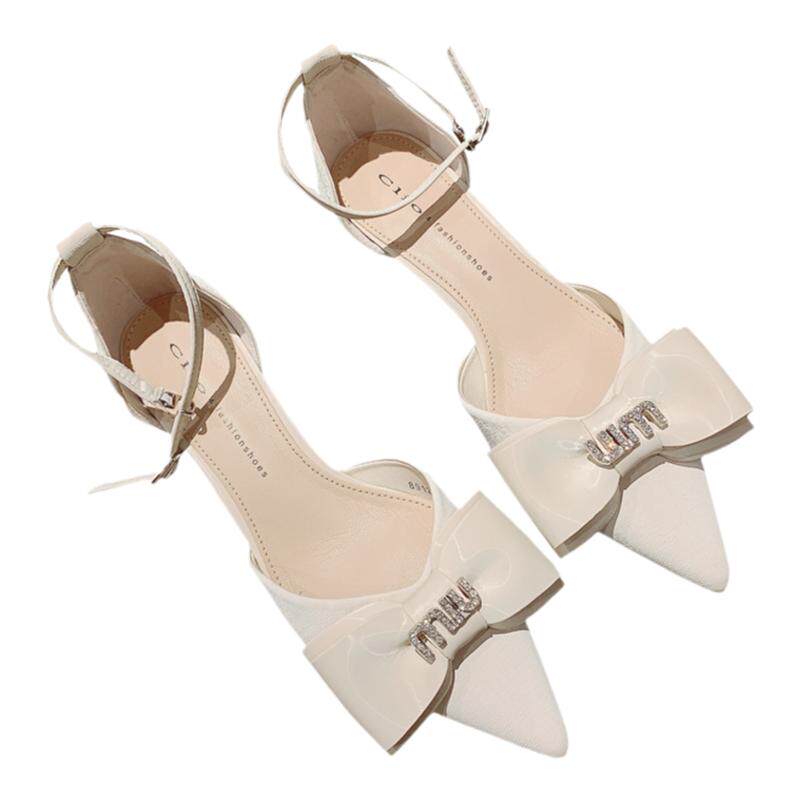 甜美公主优雅中跟单鞋女2026年新款韩版蝴蝶结一字扣中空高跟凉鞋