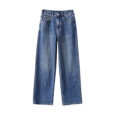 淘么淘 【时髦画报】竖条烫钻高腰显瘦直筒牛仔裤女小个子/常规版