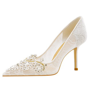 monobabie婚鞋女新娘鞋2025年新款主婚纱白色高跟鞋水钻网纱单鞋