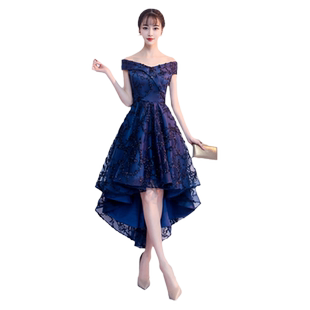 一字肩晚礼服女2025新款宴会高贵气质轻奢前短后长蓝色妈妈婚宴装