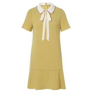 【法式铃兰裙】La Koradior拉珂蒂夏季淡黄系带三醋酸直筒连衣裙