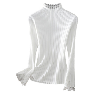 2025秋冬新款内搭半高领针织衫毛衣高级感蕾丝拼接修身长袖打底衫