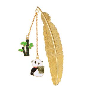 四川成都可爱熊猫金属黄铜羽毛镂空书签创意古典中国风文创纪念品