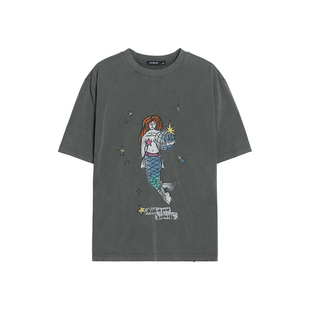 【洗褪磨破】Unvesno(UN)Vintage洗褪怀旧磨破叛逆美人鱼印花T恤