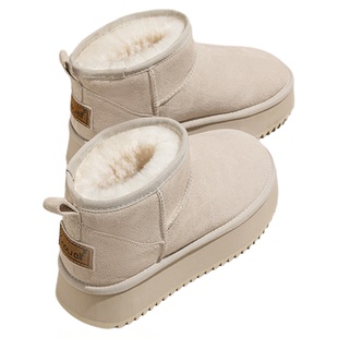 白色厚底雪地靴女2025新款冬季鞋子加绒加厚真皮沙色保暖增高棉鞋