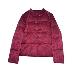 绣绣天原创冬曙红提花织锦缎新中式复古宽松立领短款高档鹅绒服女