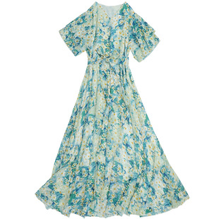 法式连衣裙碎花胖mm大码气质夏雪纺长裙海边度假绝美三亚沙滩裙仙