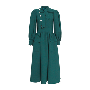 希区瑞普高端法式复古连衣裙女赫本风长袖长裙气质伞裙红绿色春秋