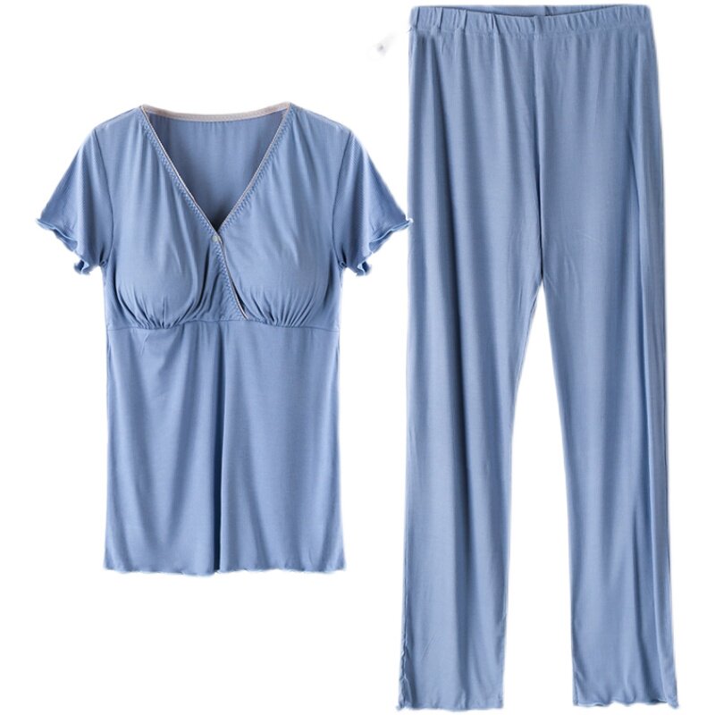 莫代尔孕妇产后睡衣薄款哺乳短袖T恤套装坐月子产妇喂奶家居服女