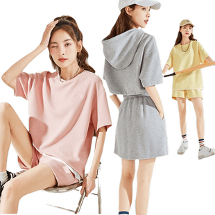 唐狮套装女夏季休闲运动套装宽松短袖T恤新款一整套黄色衣服Q