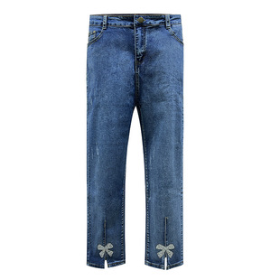 春秋加肥加大码胖mm春秋高腰显瘦胖人弹力开叉直筒牛仔裤女 200斤