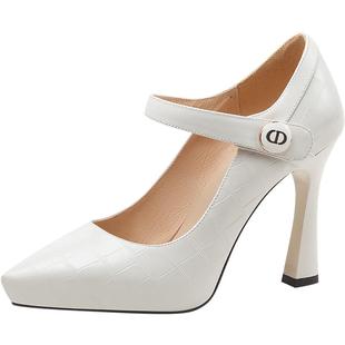 真皮一字带防水台高跟鞋女33小码2025春秋季新款浅口尖头细跟单鞋