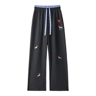 查尔斯桃心 腊肠狗刺绣美式裤子男春夏秋季拼接格子直筒休闲长裤