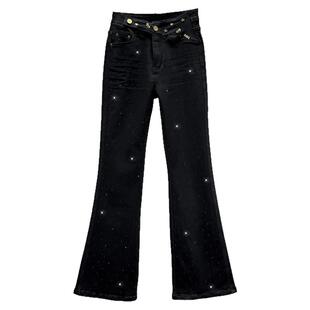 烫钻牛仔微喇裤女潮2025年秋季新款弹力高腰修身显瘦欧货拖地长裤