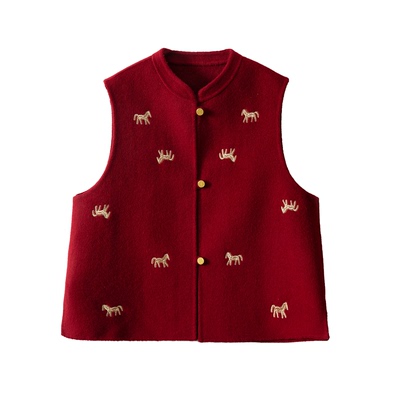 一丝牵山羊绒绵羊毛新中式红色新年马甲女国风金线刺绣外穿马夹春