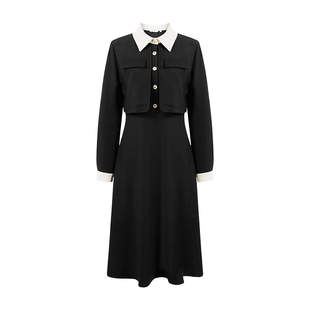 秋水伊人文艺气质假两件连衣裙2025年冬季新款女装简约小个子黑裙