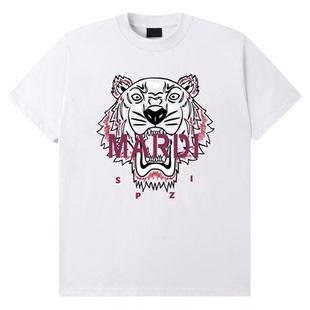 MARDI老虎头圆领t恤短袖男女情侣装2026夏季潮牌白粉渐变虎头上衣