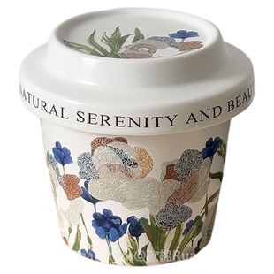 复古水彩画鸢尾花马克杯带盖手握杯咖啡杯奶茶杯家用陶瓷喝水杯子