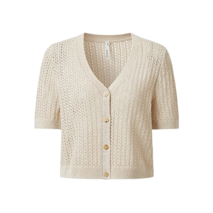 VGRASS女装针织开衫镂空提花肌理夏季新款高级V领T恤混纺花纱上衣