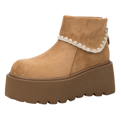 复古花边短靴加绒棉鞋子雪地靴