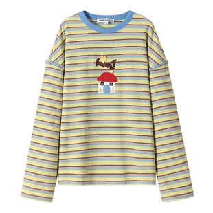 ANDREA MARTIN冬季新款趣味立体钩花条纹长袖T恤宽松休闲上衣