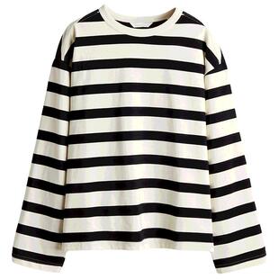 HM女装T恤春季简约长袖圆领棉质宽松时尚休闲上衣1243660