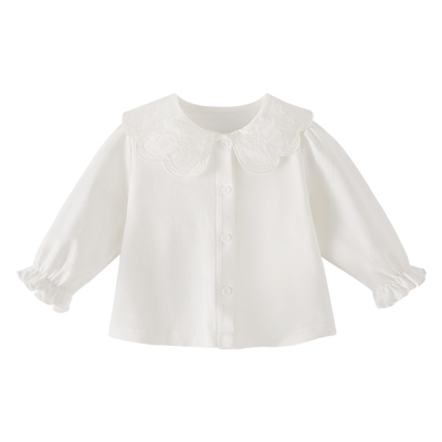 [7A抑菌]女童春季2026新款白色衬衫翻领纯棉宝宝花边甜美儿童上衣