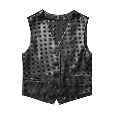 TANG TOWN 裁剪利落 干练有型 实穿百搭打孔显瘦无领羊皮马甲