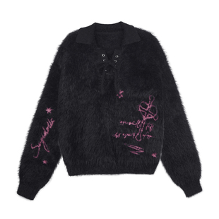 SagiDolls少女斗志甜辣黑粉V领变身器提花仿貂毛宽松POLO毛衣保暖