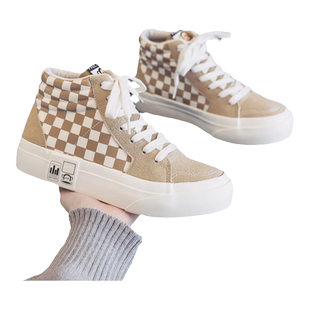 大嘴猴2025年新款秋季棋盘格高帮帆布鞋女款春秋休闲运动板鞋球鞋