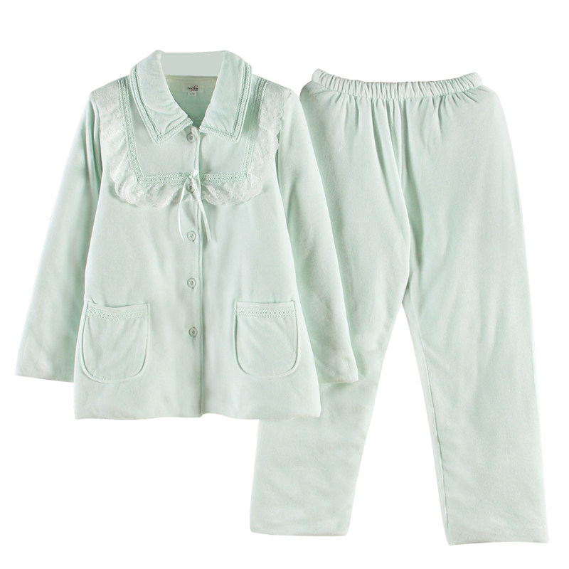 伊丝芬38982冬天新品睡衣女纯色天鹅绒夹棉保暖蕾丝边家居服套装