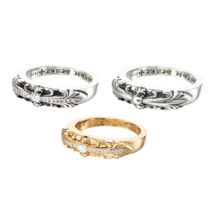 哥特之心男女22K镀金镶嵌带钻细款窄版十字花戒指925纯银情侣对戒