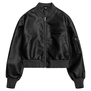 马登美式黑色飞行员棒球圆领短款版机车pu软小皮衣夹克外套女士春