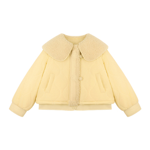 Amybaby女童上衣冬季2025新款小香风纯色时尚娃娃领棉服外套