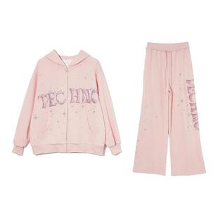 TCH2026春款烫钻宽松减龄粉色连帽外套休闲裤套装女T78A07E1121