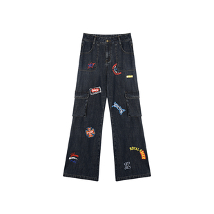 安妮不火 美式图章印花多口袋直筒牛仔裤女微胖大码痞酷牛仔裤子