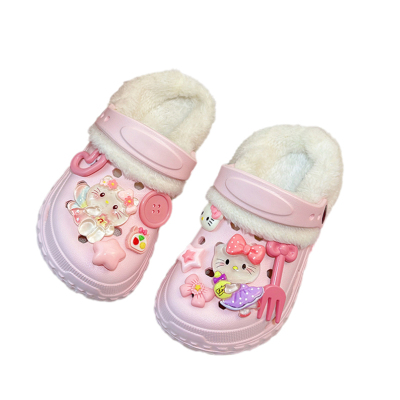 女童新款粉色猫咪叉子加绒洞洞鞋