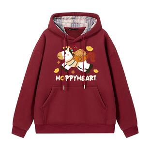 查尔斯桃心马年红色连帽卫衣男秋冬季2026新款发财马印花情侣上衣