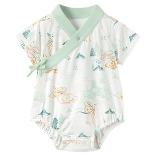 babylove新生儿包屁衣夏季山茶莫代尔棉国风宝宝三角哈衣短袖爬服