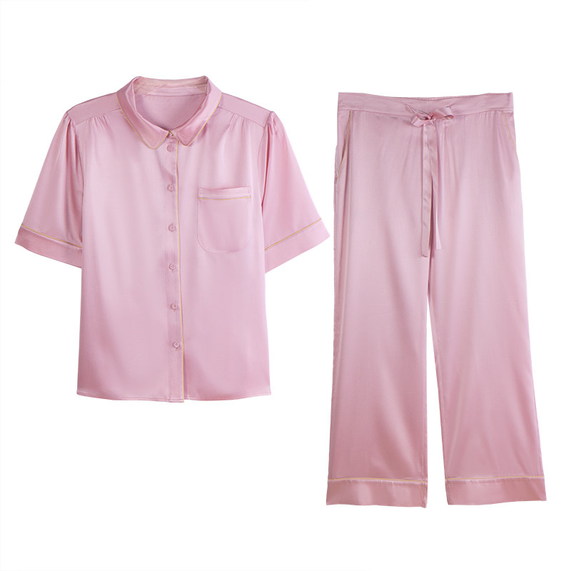 新品睡衣女两件套真丝春天薄款短袖长裤桑蚕丝家居服套装夏季