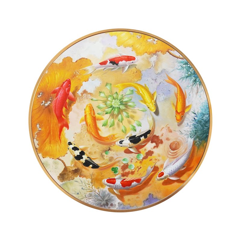 时来运转九鱼图锦鲤手绘油画圆形招财荷花客厅玄关装饰画餐厅壁画