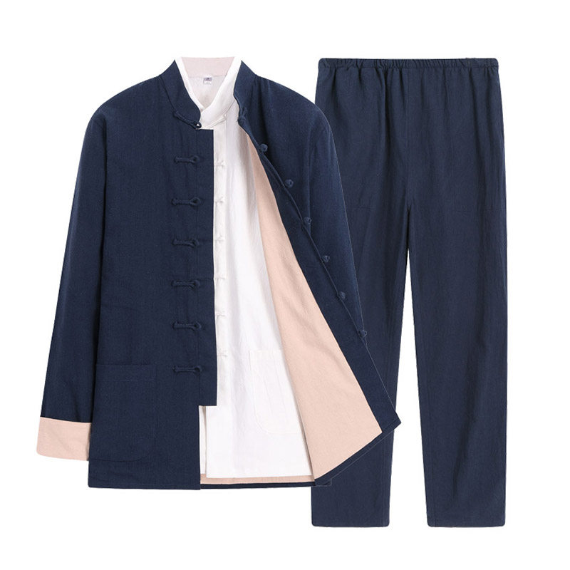 棉麻唐装男士外套中国风春秋汉服套装复古风中老年中式男装禅修服