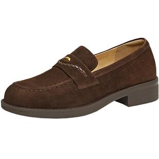 百思图2026春季新款英伦绒面超软羊皮乐福鞋小皮鞋女单鞋O2839AA6