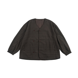 NOEARS日系少年感棕咖色磨毛无领格子外套冬季复古宽松廓形夹克